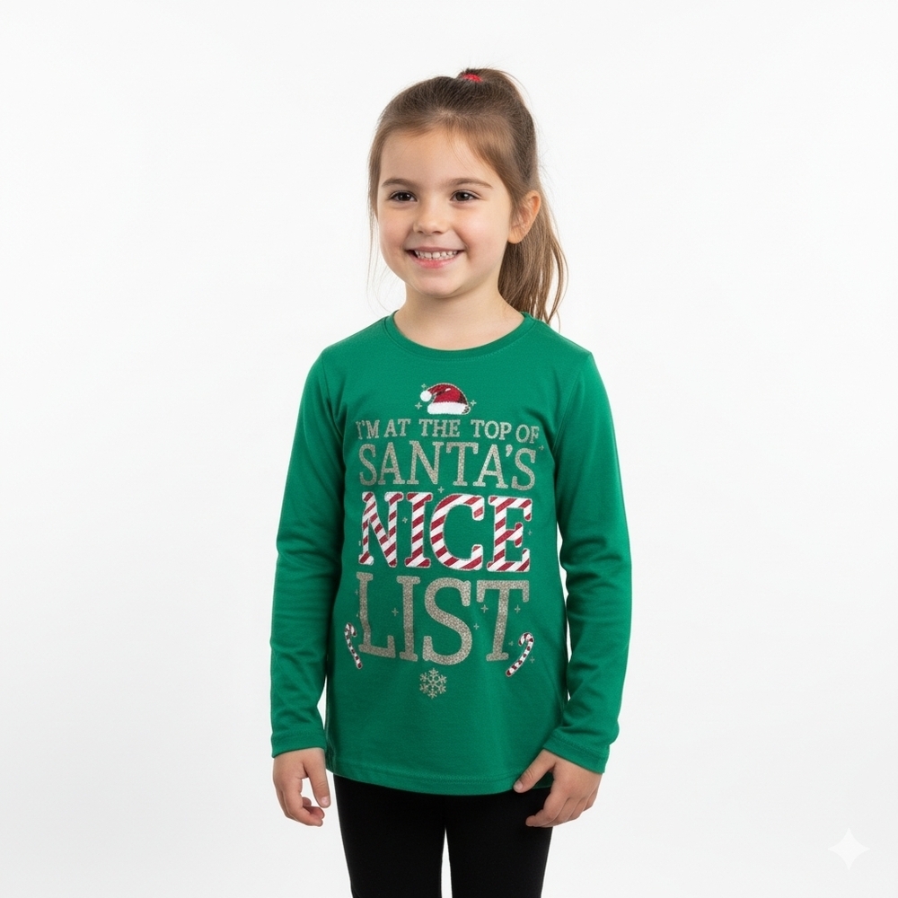 Children's Place Girl's M (7/8) Long Sleeve Green Santa's Nice List Shirt